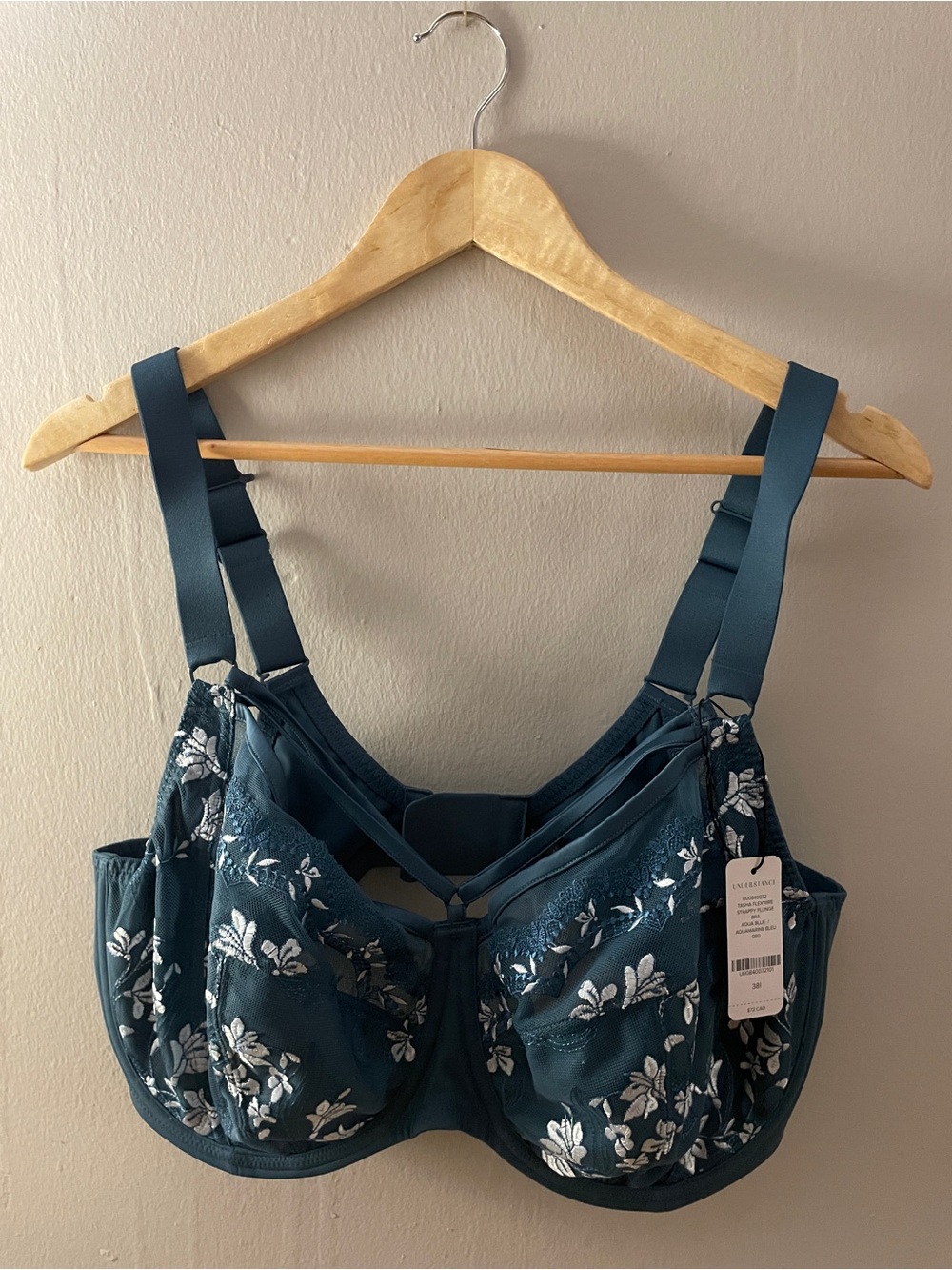 Embroidered Full-Coverage Bra in Teal with Straps NWT 38I